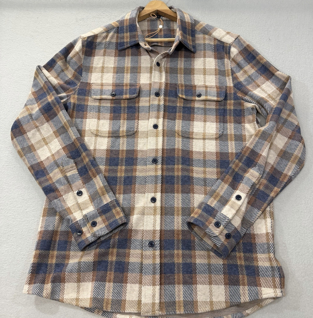 Quince Mens L Stretch Sweater Fleece Shirt Mocha Check Plaid Button Up Brown